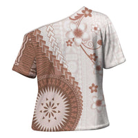Bula Fiji Cross Shoulder Shirt Brown Plumeria Masi Tapa Pattern LT05 - Polynesian Pride