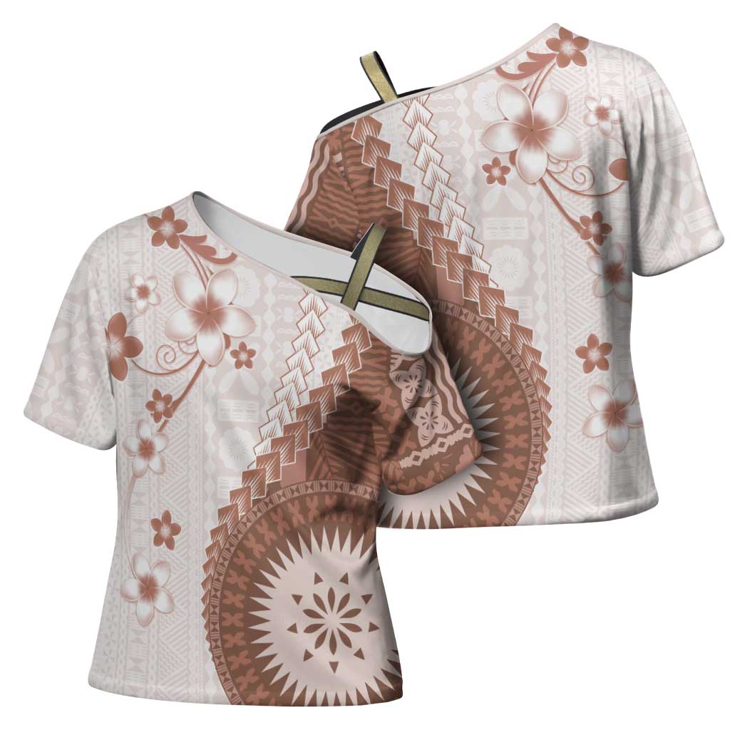 Bula Fiji Cross Shoulder Shirt Brown Plumeria Masi Tapa Pattern LT05 - Polynesian Pride