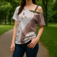Bula Fiji Cross Shoulder Shirt Brown Plumeria Masi Tapa Pattern LT05 - Polynesian Pride