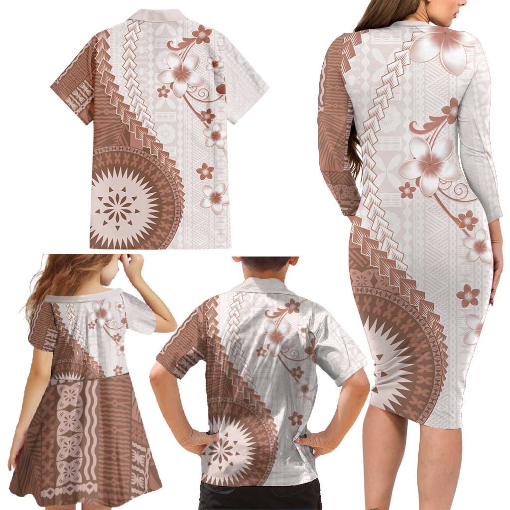 Bula Fiji Family Matching Long Sleeve Bodycon Dress and Hawaiian Shirt Brown Plumeria Masi Tapa Pattern - Polynesian Pride