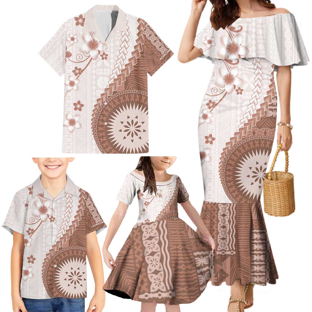 Bula Fiji Family Matching Mermaid Dress and Hawaiian Shirt Brown Plumeria Masi Tapa Pattern - Polynesian Pride