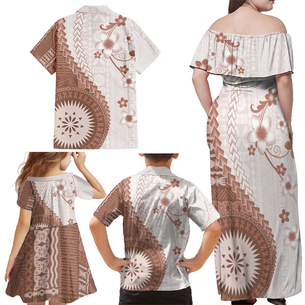 Bula Fiji Family Matching Off Shoulder Maxi Dress and Hawaiian Shirt Brown Plumeria Masi Tapa Pattern - Polynesian Pride