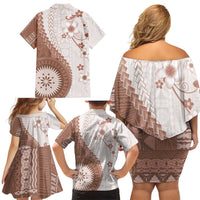 Bula Fiji Family Matching Off Shoulder Short Dress and Hawaiian Shirt Brown Plumeria Masi Tapa Pattern - Polynesian Pride