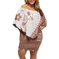Bula Fiji Family Matching Off Shoulder Short Dress and Hawaiian Shirt Brown Plumeria Masi Tapa Pattern - Polynesian Pride