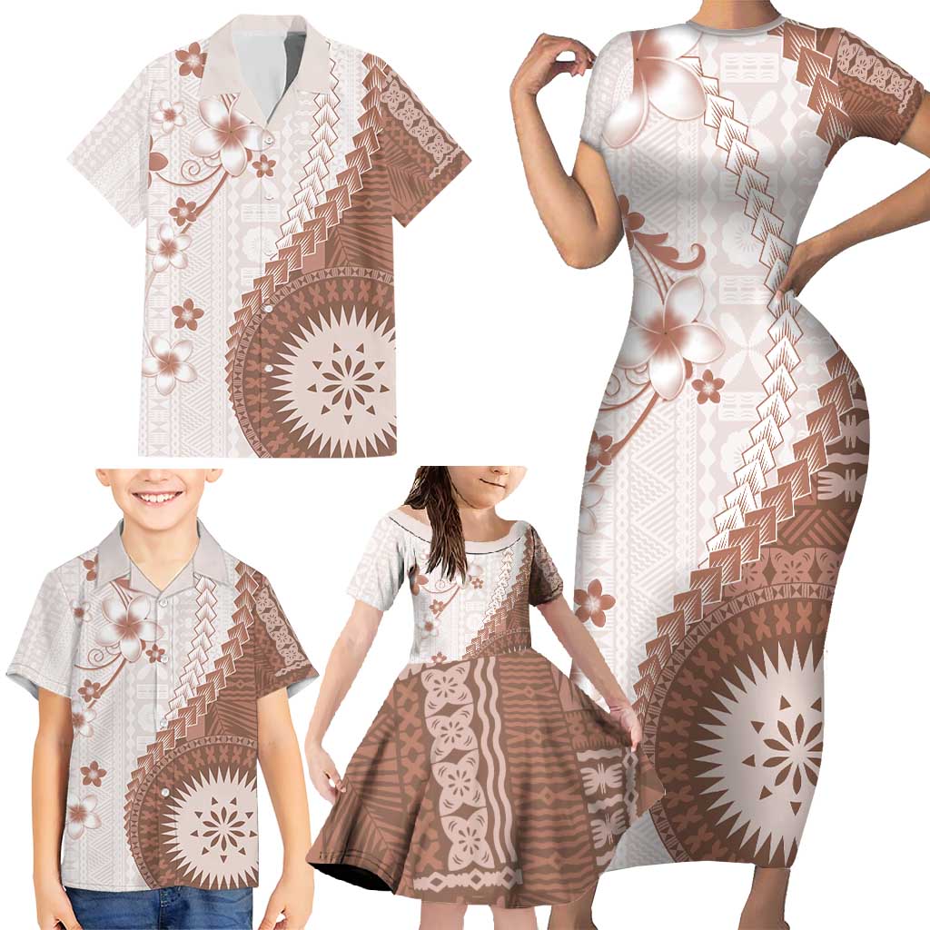 Bula Fiji Family Matching Short Sleeve Bodycon Dress and Hawaiian Shirt Brown Plumeria Masi Tapa Pattern - Polynesian Pride