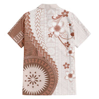 Bula Fiji Family Matching Short Sleeve Bodycon Dress and Hawaiian Shirt Brown Plumeria Masi Tapa Pattern - Polynesian Pride