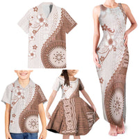 Bula Fiji Family Matching Tank Maxi Dress and Hawaiian Shirt Brown Plumeria Masi Tapa Pattern - Polynesian Pride