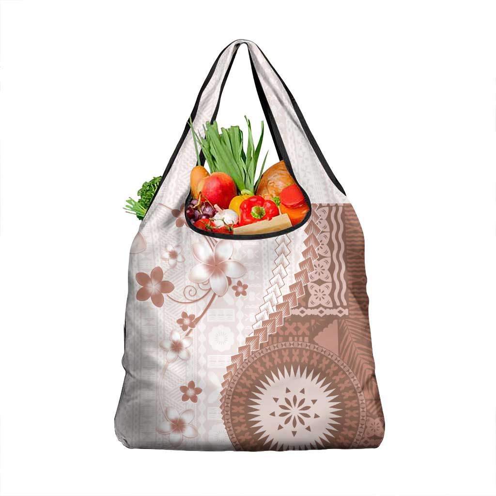 Bula Fiji Grocery Bag Brown Plumeria Masi Tapa Pattern - Polynesian Pride