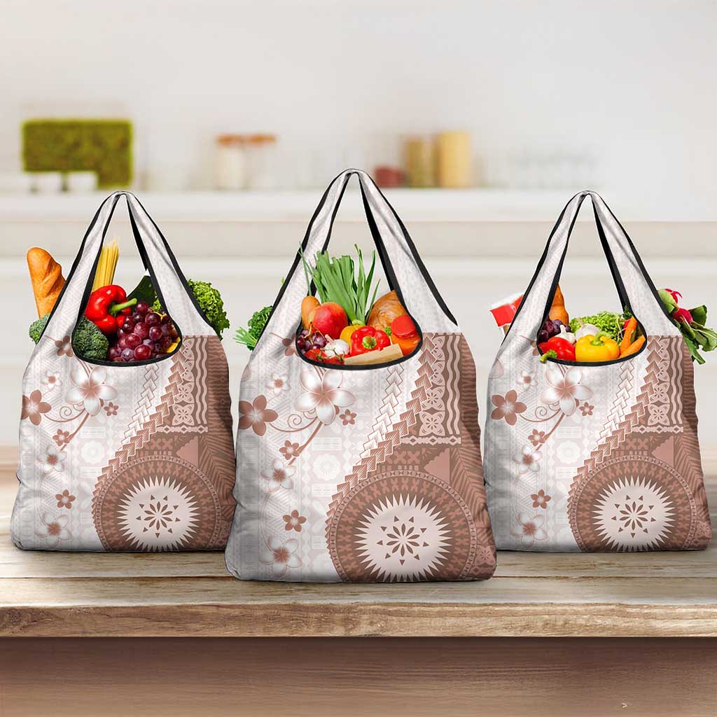 Bula Fiji Grocery Bag Brown Plumeria Masi Tapa Pattern - Polynesian Pride