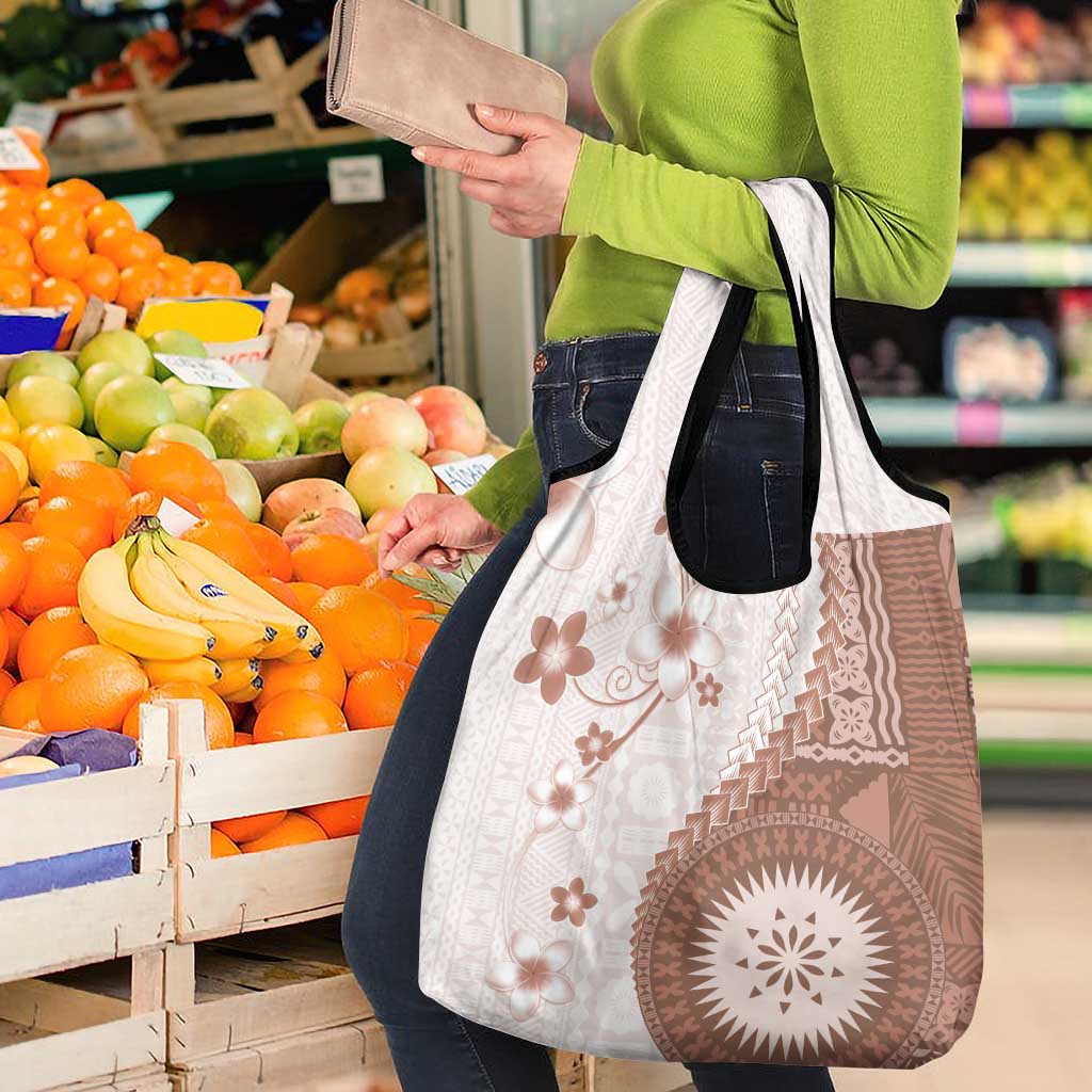 Bula Fiji Grocery Bag Brown Plumeria Masi Tapa Pattern - Polynesian Pride