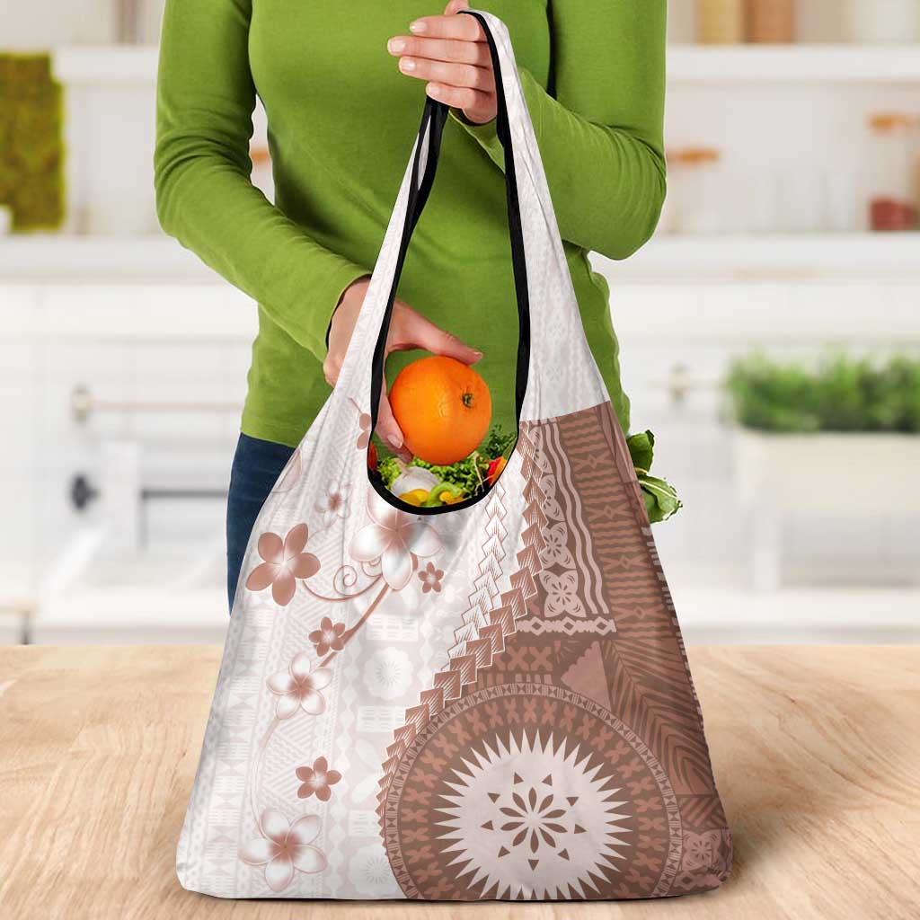 Bula Fiji Grocery Bag Brown Plumeria Masi Tapa Pattern - Polynesian Pride