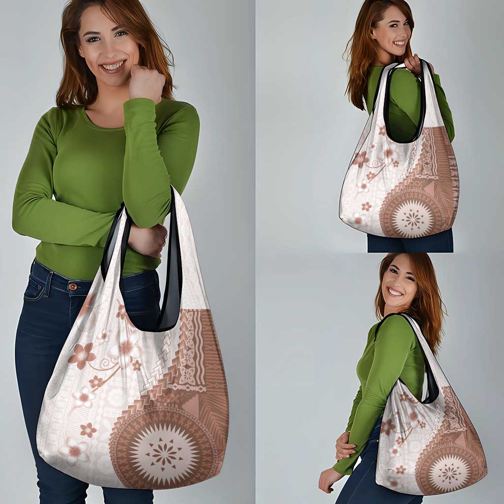 Bula Fiji Grocery Bag Brown Plumeria Masi Tapa Pattern - Polynesian Pride
