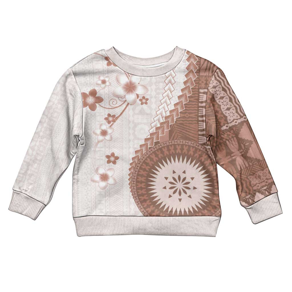 Bula Fiji Kid Ugly Christmas Sweater Brown Plumeria Masi Tapa Pattern - Polynesian Pride