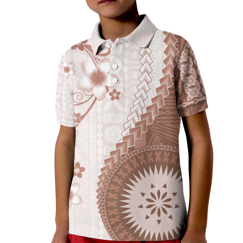 Bula Fiji Kid Polo Shirt Brown Plumeria Masi Tapa Pattern - Polynesian Pride