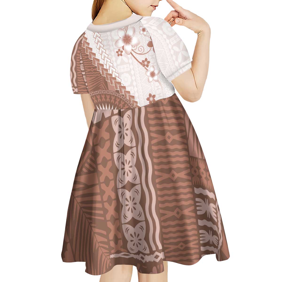 Bula Fiji Kid Short Sleeve Dress Brown Plumeria Masi Tapa Pattern - Polynesian Pride