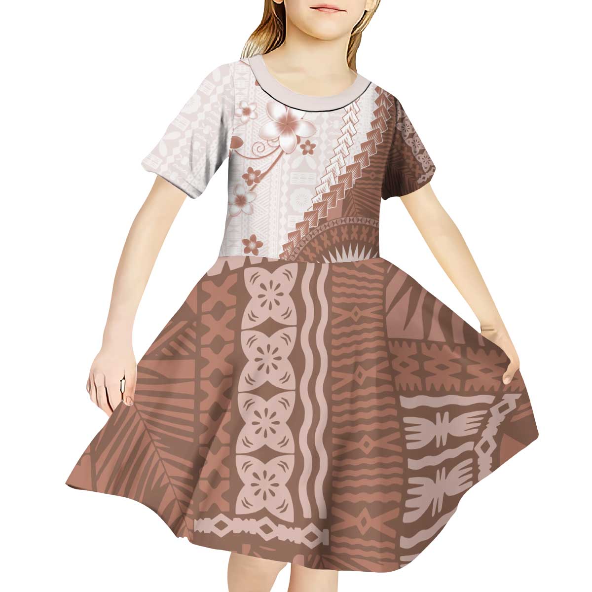 Bula Fiji Kid Short Sleeve Dress Brown Plumeria Masi Tapa Pattern - Polynesian Pride