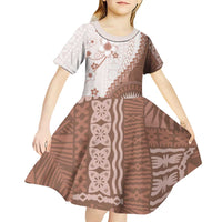 Bula Fiji Kid Short Sleeve Dress Brown Plumeria Masi Tapa Pattern - Polynesian Pride
