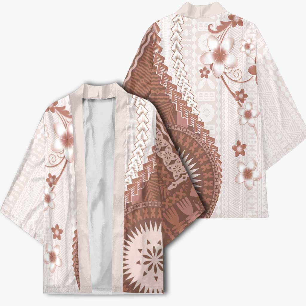 Bula Fiji Kimono Brown Plumeria Masi Tapa Pattern - Polynesian Pride