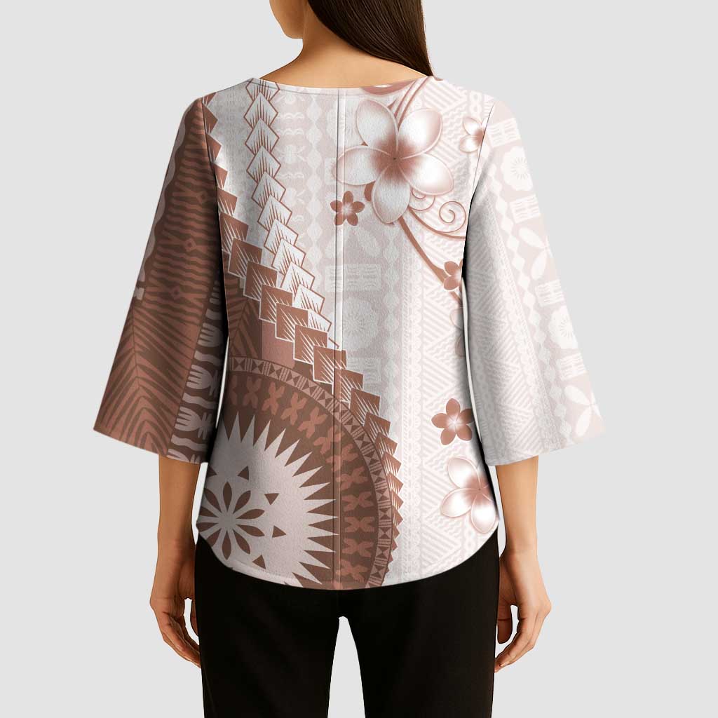 Bula Fiji Kimono Sleeve Blouse Brown Plumeria Masi Tapa Pattern LT05 - Polynesian Pride
