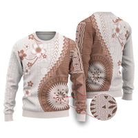 Bula Fiji Ugly Christmas Sweater Brown Plumeria Masi Tapa Pattern - Polynesian Pride