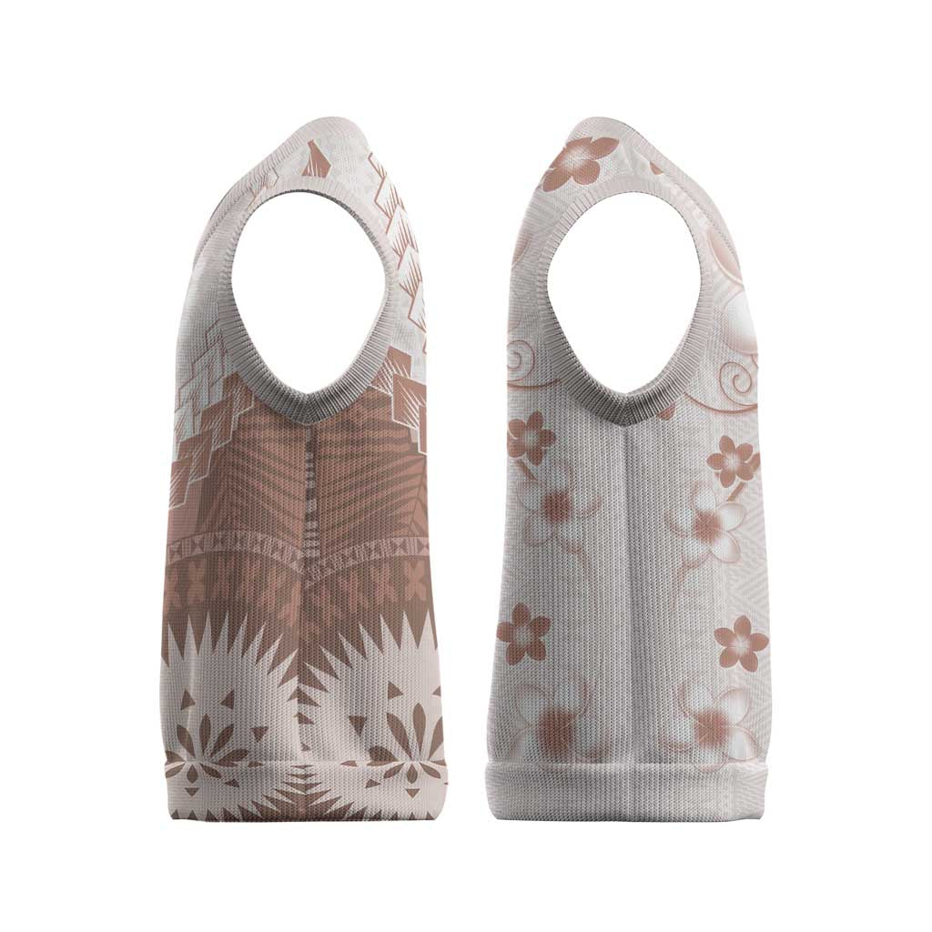 Bula Fiji Christmas Knitted V-Neck Vest Brown Plumeria Masi Tapa Pattern - Polynesian Pride