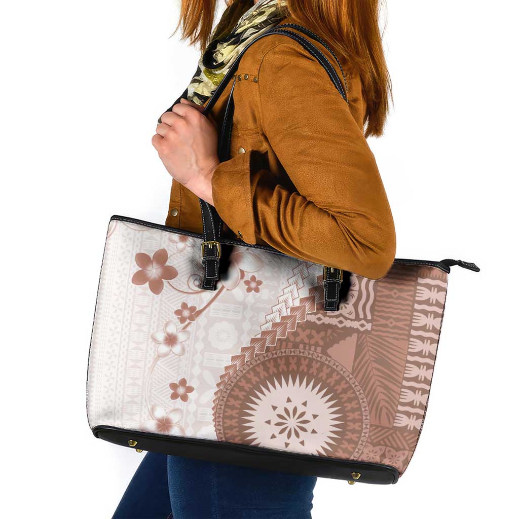 Bula Fiji Leather Tote Bag Brown Plumeria Masi Tapa Pattern - Polynesian Pride