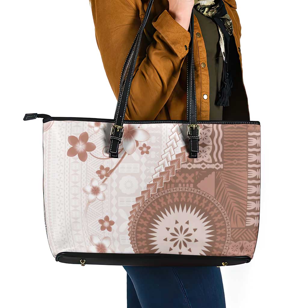 Bula Fiji Leather Tote Bag Brown Plumeria Masi Tapa Pattern - Polynesian Pride