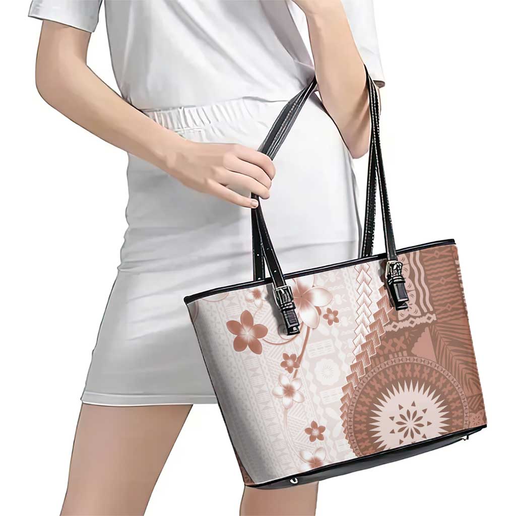 Bula Fiji Leather Tote Bag Brown Plumeria Masi Tapa Pattern - Polynesian Pride