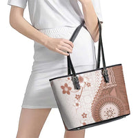 Bula Fiji Leather Tote Bag Brown Plumeria Masi Tapa Pattern - Polynesian Pride