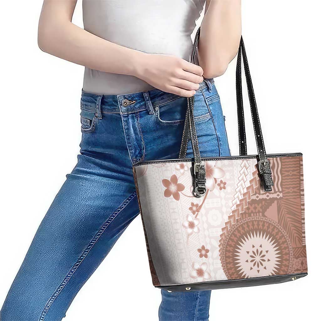 Bula Fiji Leather Tote Bag Brown Plumeria Masi Tapa Pattern - Polynesian Pride