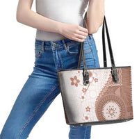 Bula Fiji Leather Tote Bag Brown Plumeria Masi Tapa Pattern - Polynesian Pride