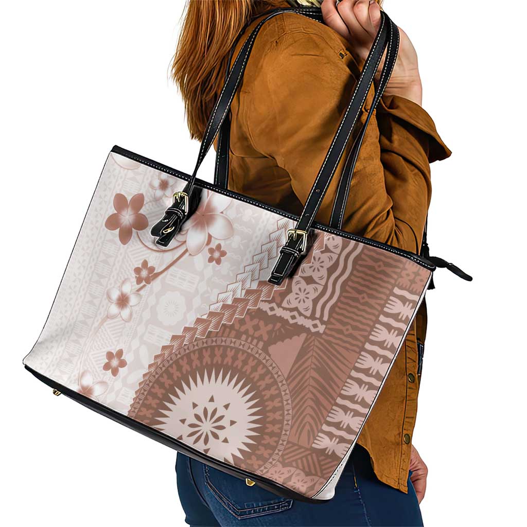 Bula Fiji Leather Tote Bag Brown Plumeria Masi Tapa Pattern - Polynesian Pride