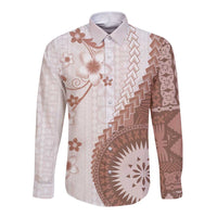 Bula Fiji Long Sleeve Button Shirt Brown Plumeria Masi Tapa Pattern LT05 Unisex Brown - Polynesian Pride