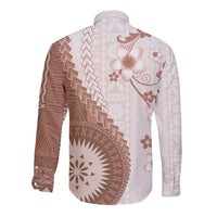 Bula Fiji Long Sleeve Button Shirt Brown Plumeria Masi Tapa Pattern LT05 - Polynesian Pride