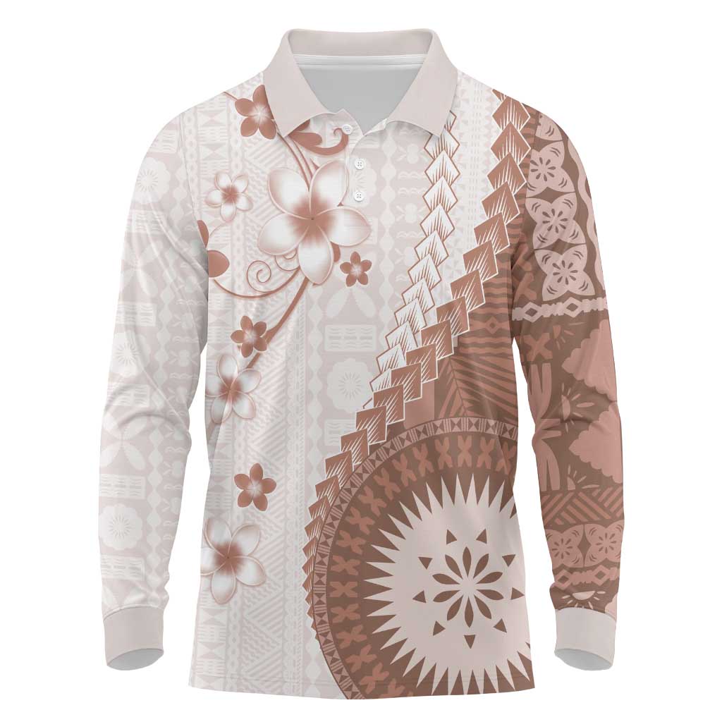 Bula Fiji Long Sleeve Polo Shirt Brown Plumeria Masi Tapa Pattern LT05 Brown - Polynesian Pride