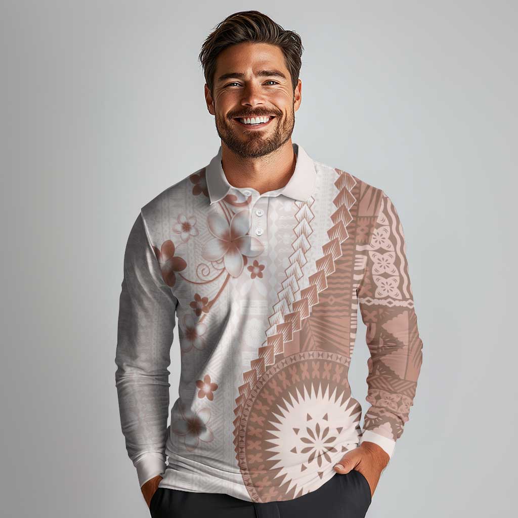 Bula Fiji Long Sleeve Polo Shirt Brown Plumeria Masi Tapa Pattern LT05 - Polynesian Pride