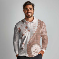 Bula Fiji Long Sleeve Polo Shirt Brown Plumeria Masi Tapa Pattern LT05 - Polynesian Pride