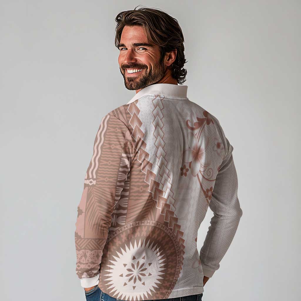 Bula Fiji Long Sleeve Polo Shirt Brown Plumeria Masi Tapa Pattern LT05 - Polynesian Pride