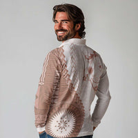 Bula Fiji Long Sleeve Polo Shirt Brown Plumeria Masi Tapa Pattern LT05 - Polynesian Pride
