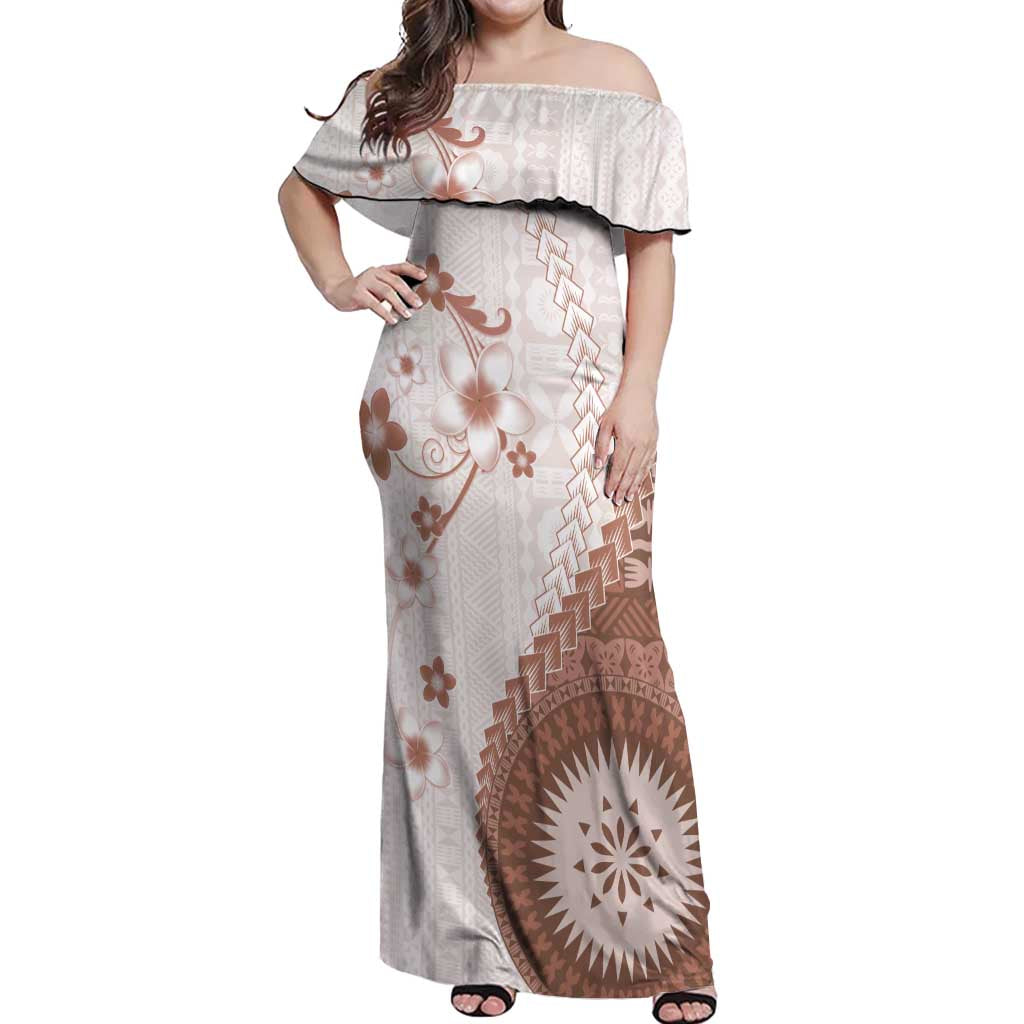 Bula Fiji Off Shoulder Maxi Dress Brown Plumeria Masi Tapa Pattern - Polynesian Pride