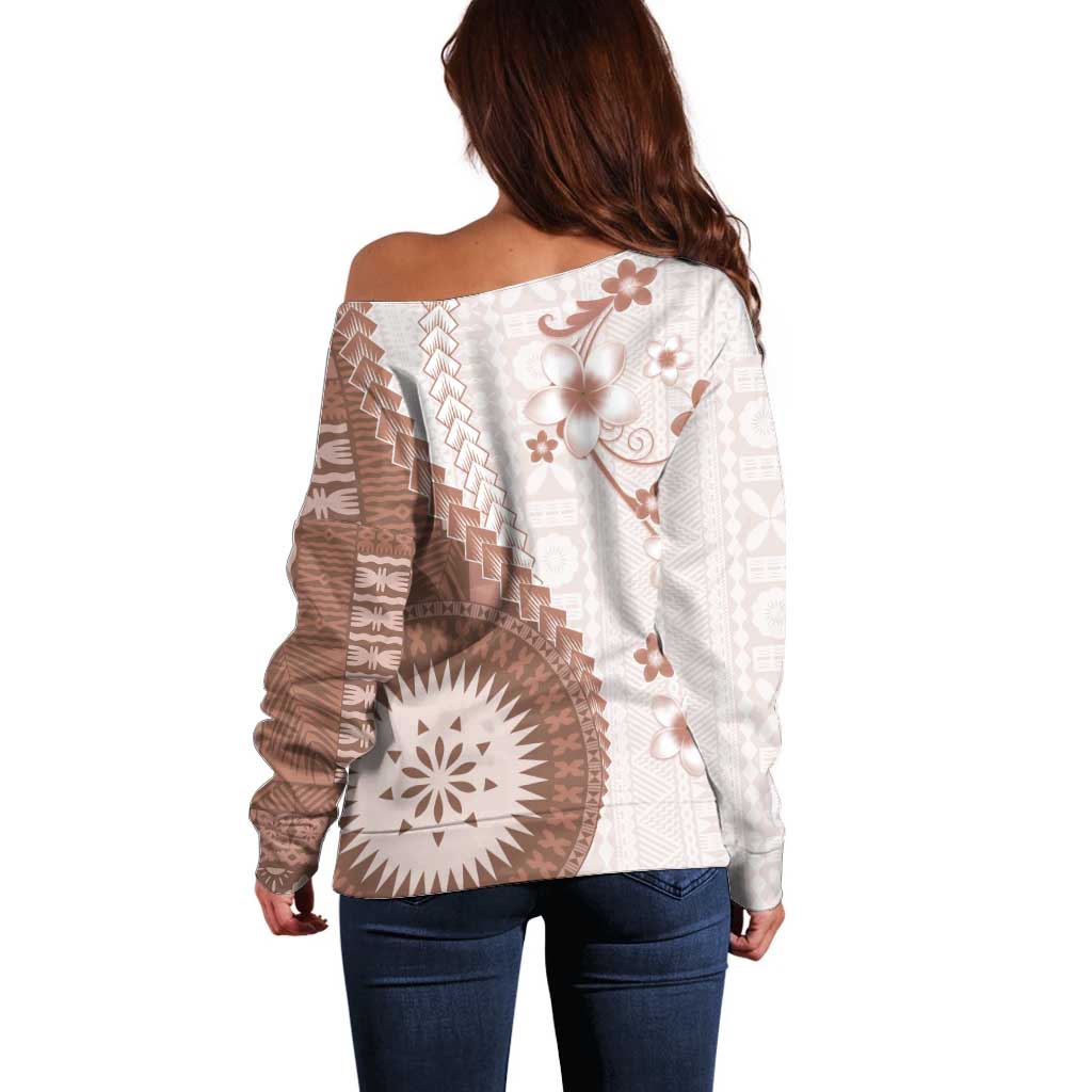Bula Fiji Off Shoulder Sweater Brown Plumeria Masi Tapa Pattern - Polynesian Pride