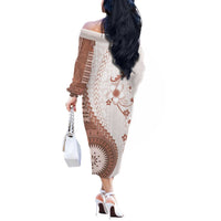 Bula Fiji Off The Shoulder Long Sleeve Dress Brown Plumeria Masi Tapa Pattern LT05 - Polynesian Pride