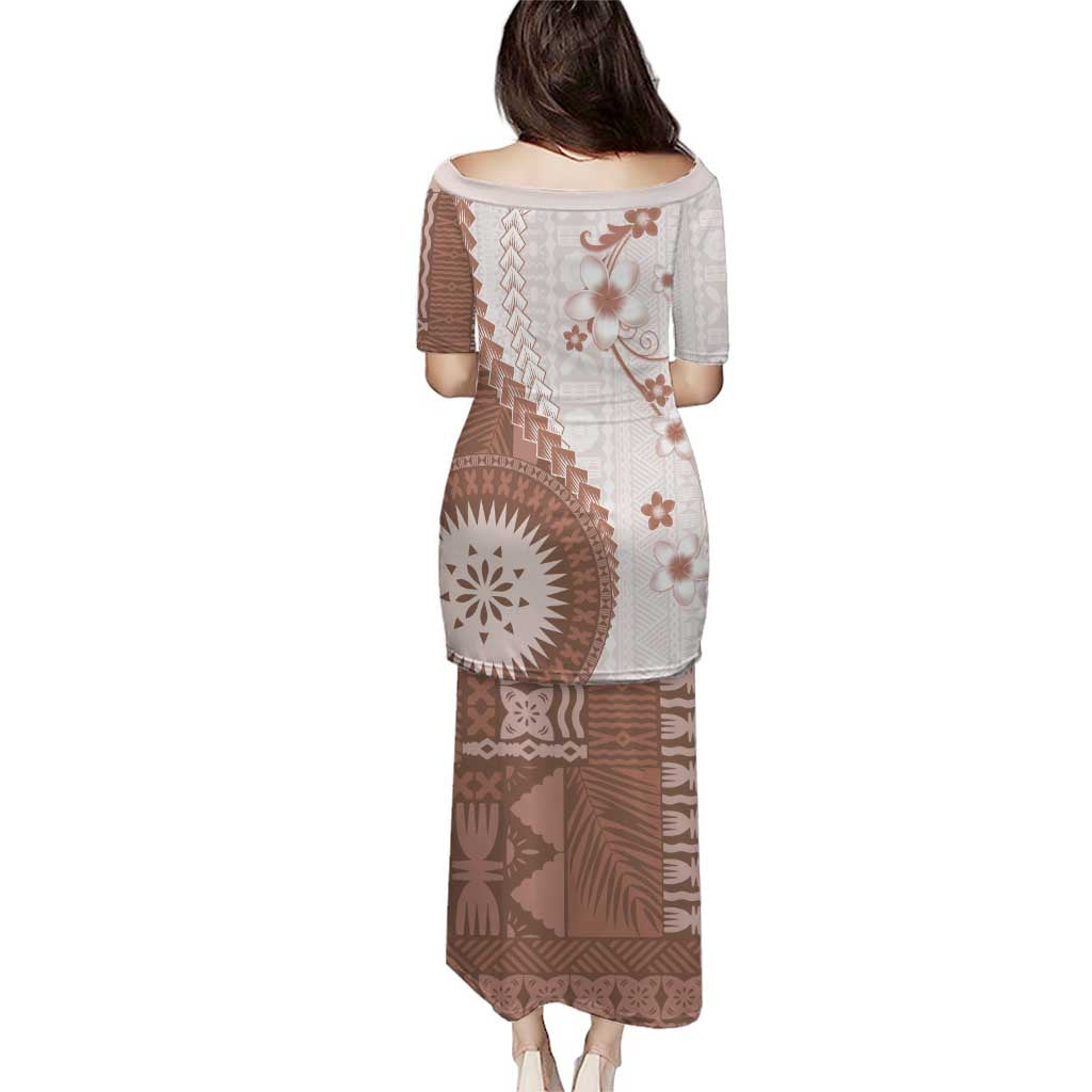 Bula Fiji Puletasi Brown Plumeria Masi Tapa Pattern LT05 - Polynesian Pride