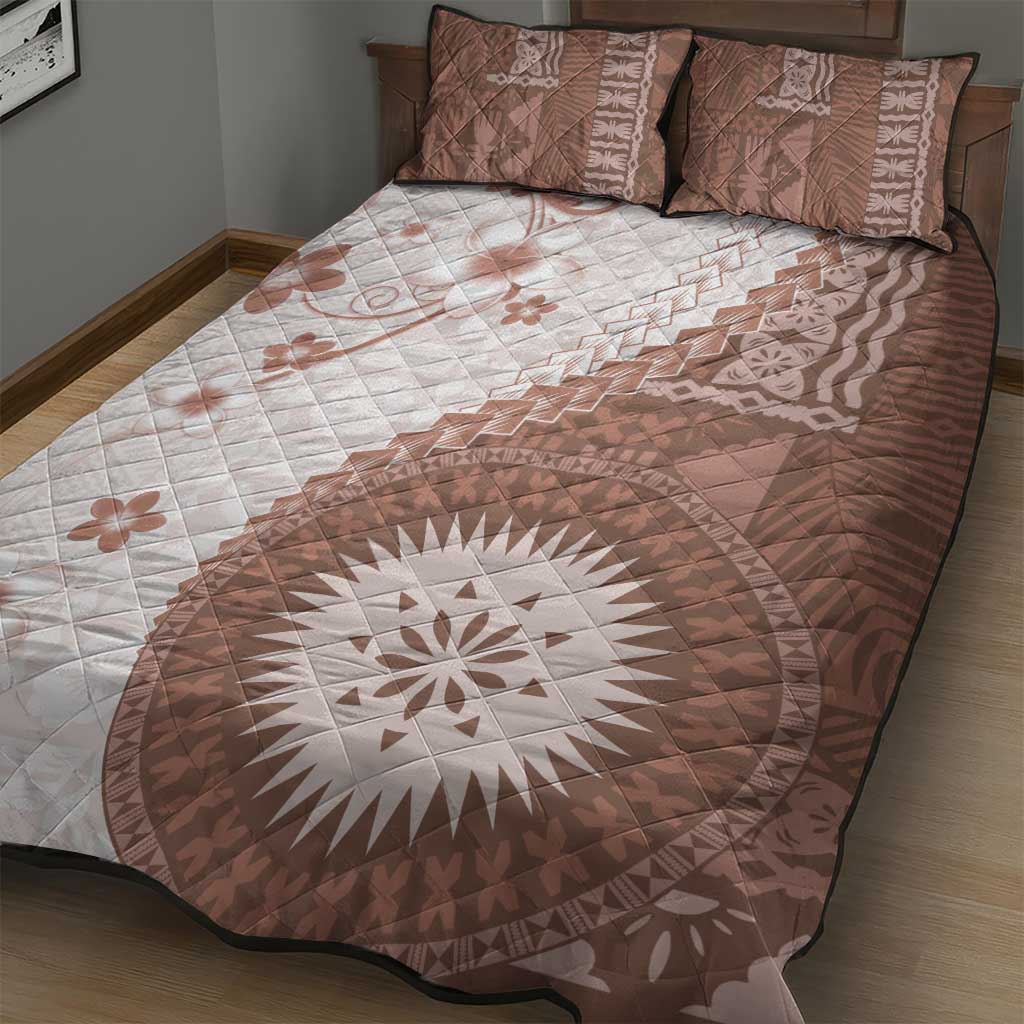 Bula Fiji Quilt Bed Set Brown Plumeria Masi Tapa Pattern - Polynesian Pride