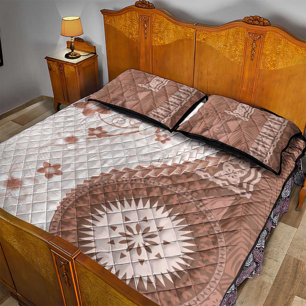 Bula Fiji Quilt Bed Set Brown Plumeria Masi Tapa Pattern - Polynesian Pride