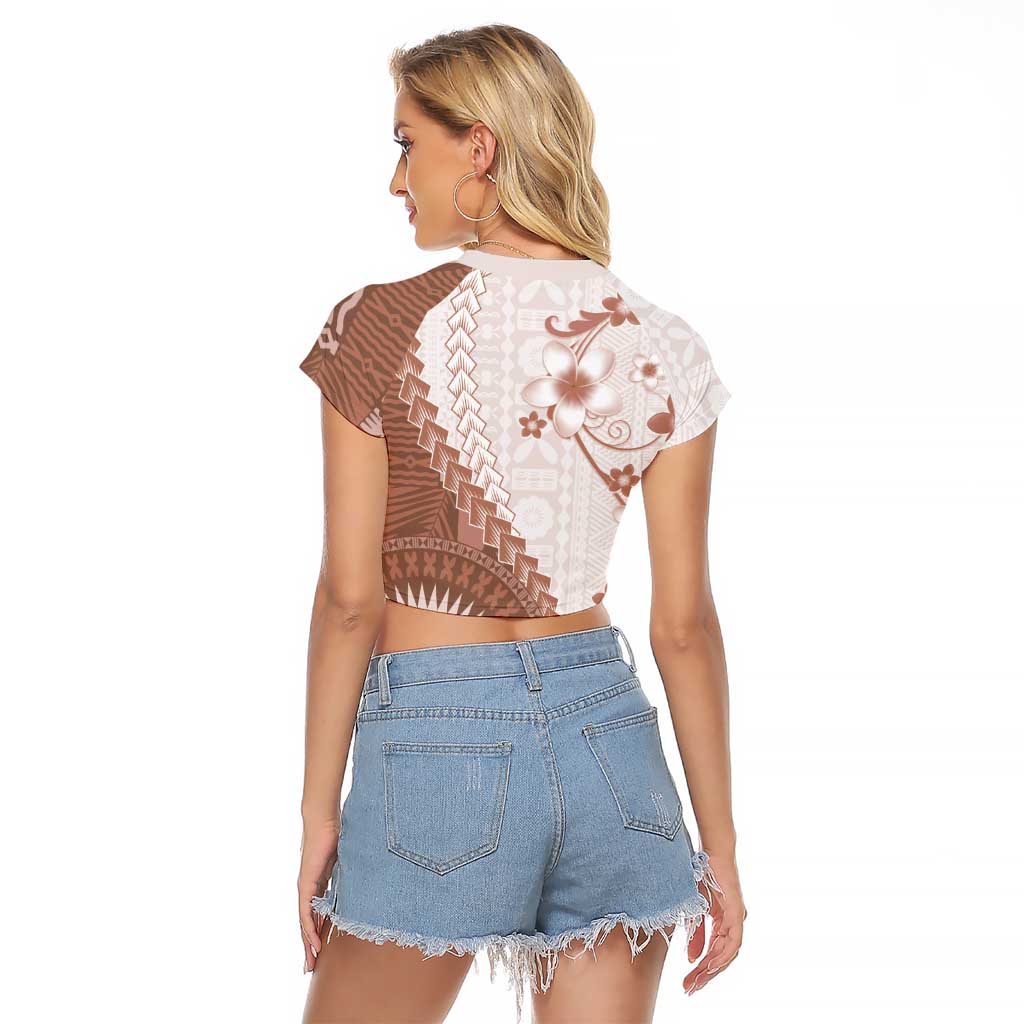 Bula Fiji Raglan Cropped T Shirt Brown Plumeria Masi Tapa Pattern LT05 - Polynesian Pride