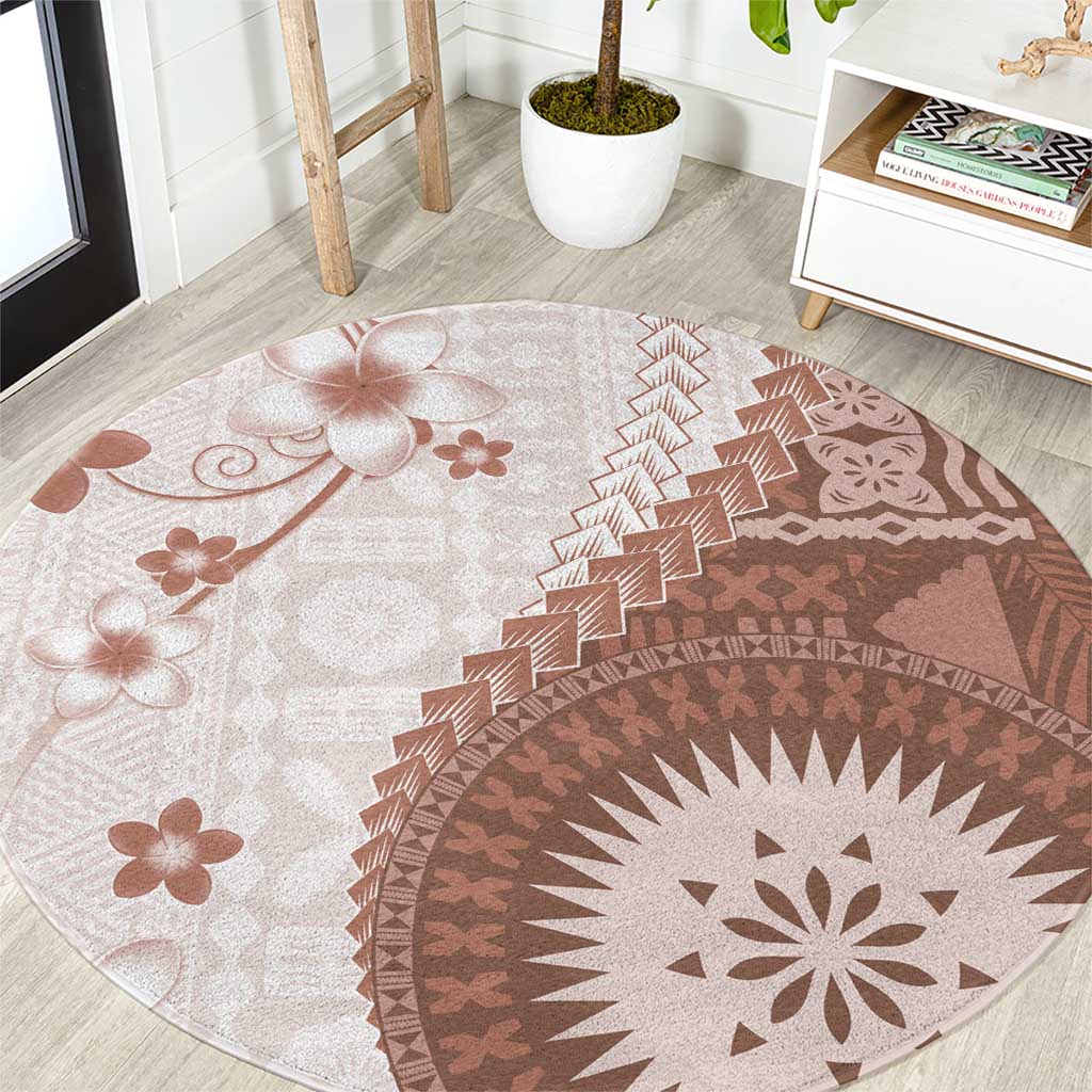 Bula Fiji Round Carpet Brown Plumeria Masi Tapa Pattern - Polynesian Pride