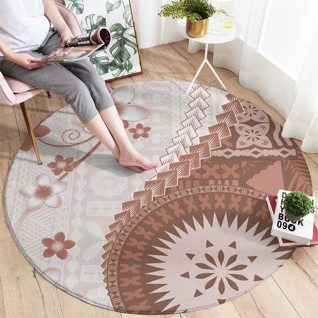 Bula Fiji Round Carpet Brown Plumeria Masi Tapa Pattern - Polynesian Pride