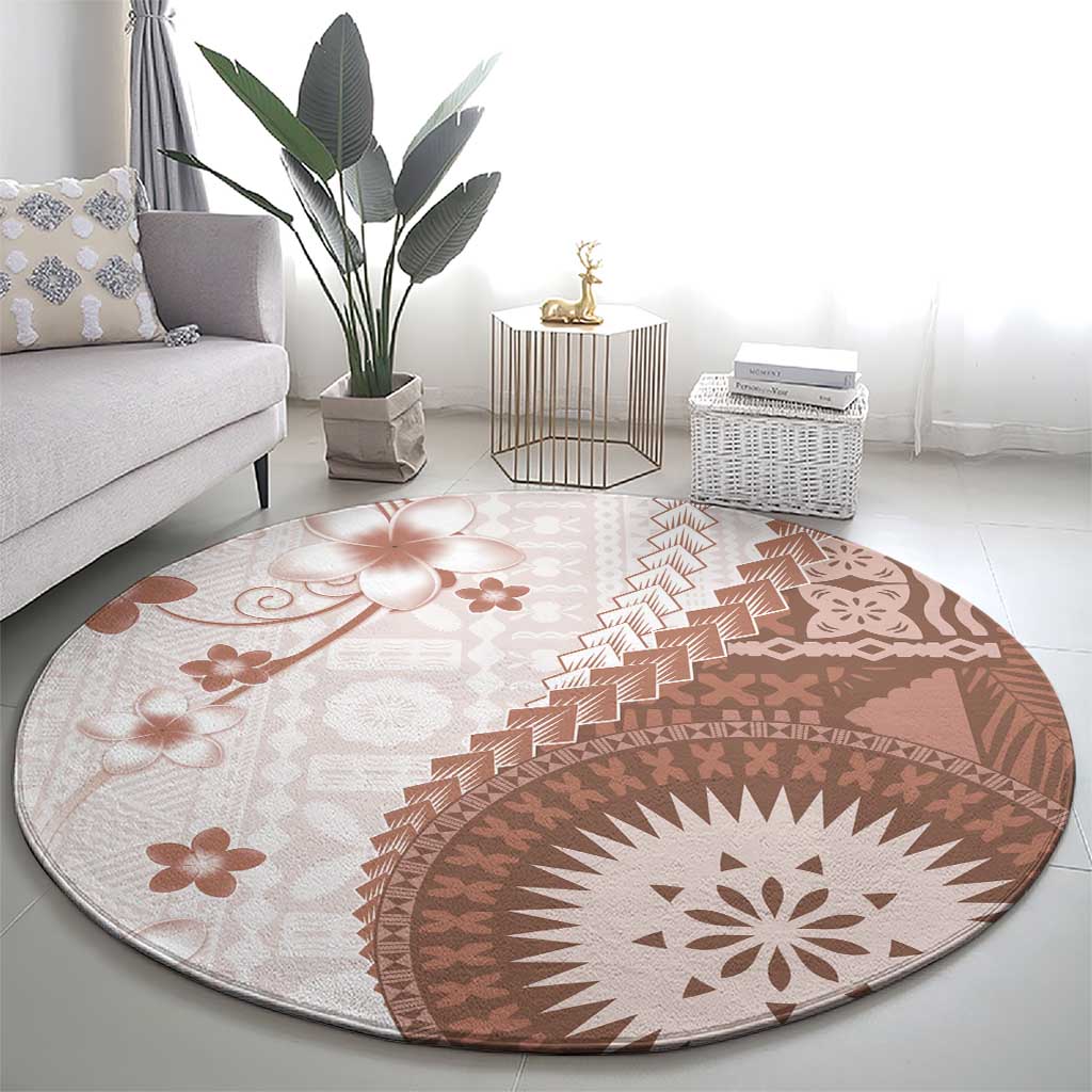 Bula Fiji Round Carpet Brown Plumeria Masi Tapa Pattern - Polynesian Pride