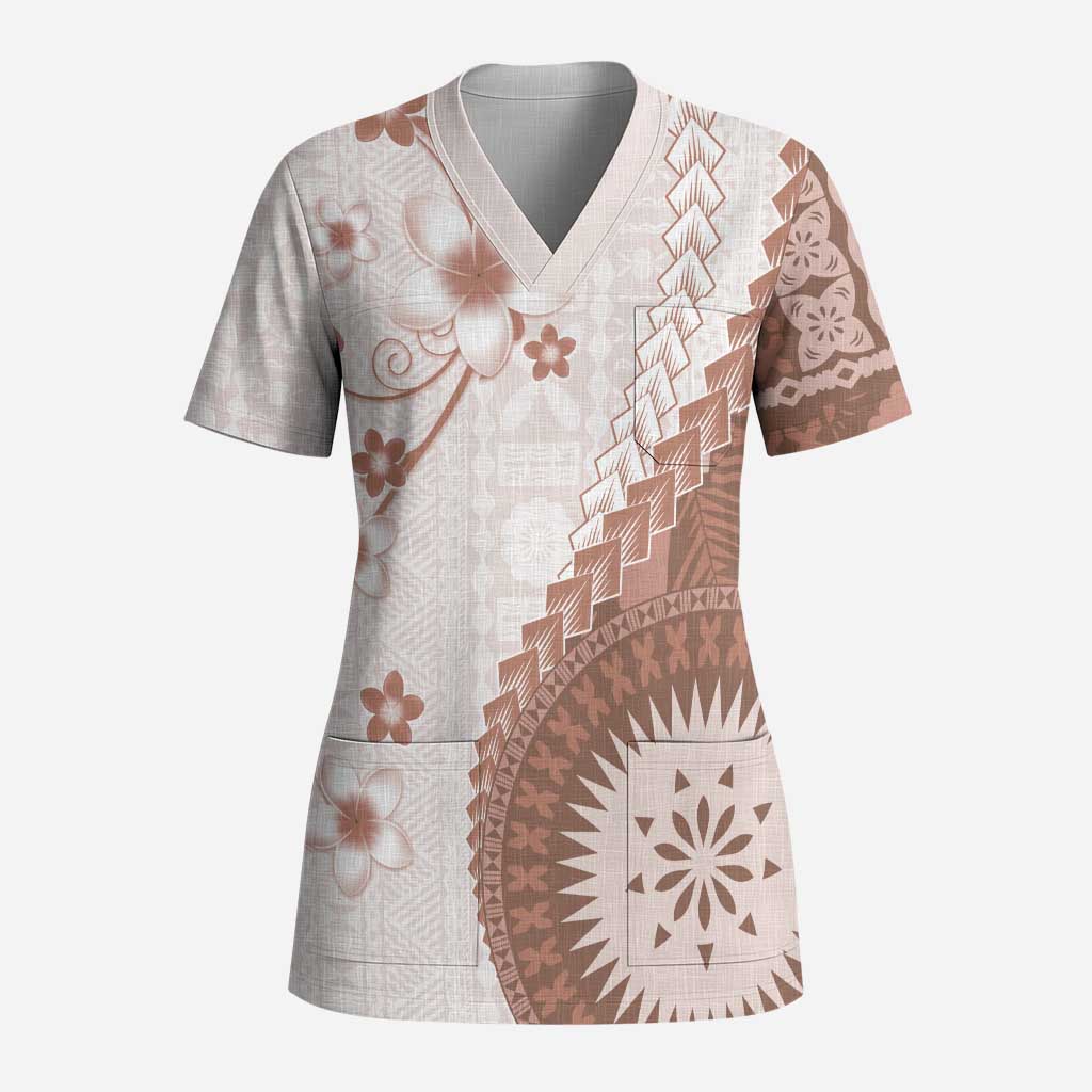 Bula Fiji Scrub Top Brown Plumeria Masi Tapa Pattern LT05 Adult Brown - Polynesian Pride